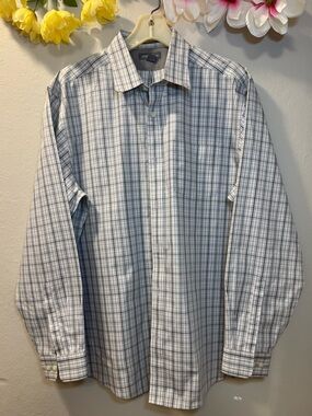 Eddie Bauer White and Blue Plaid Long-Sleeve Button-Up Shirt